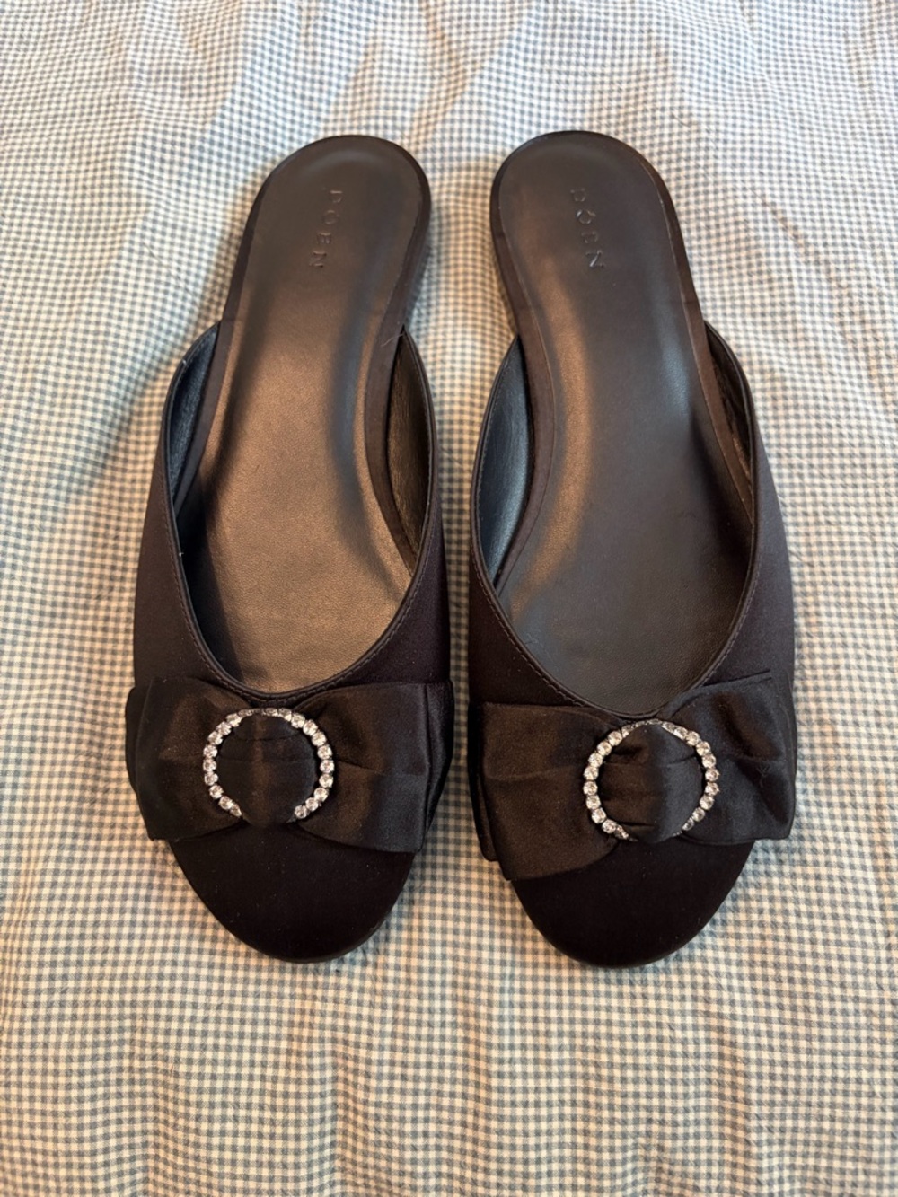 Doen Black Satin Slide Mules with Crystal Buckle